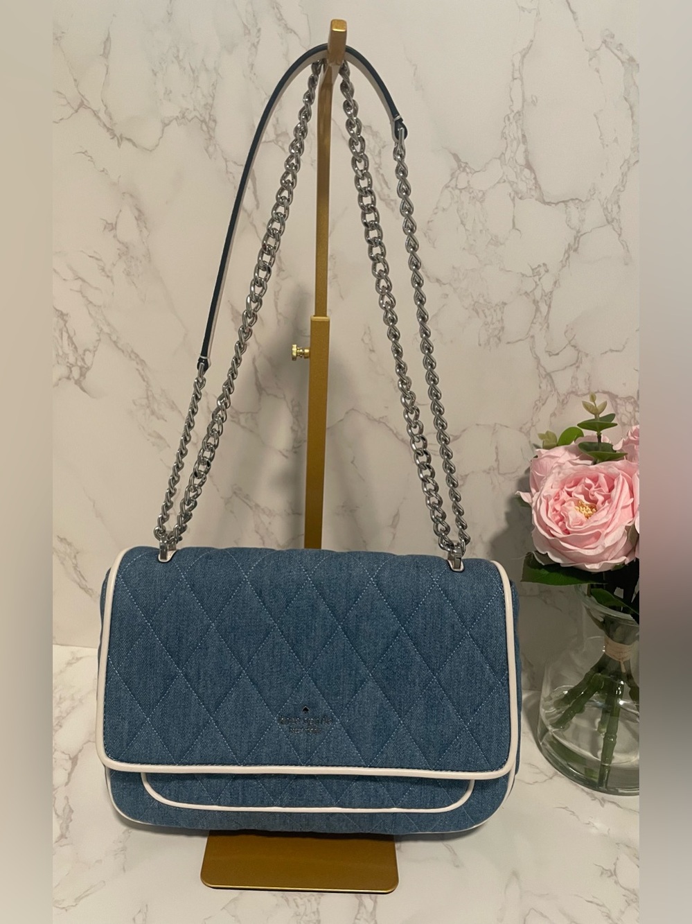 Kate Spade Carey Quilted Denim Medium Flap Shoulder/Crossbody Bag – Blue Multi